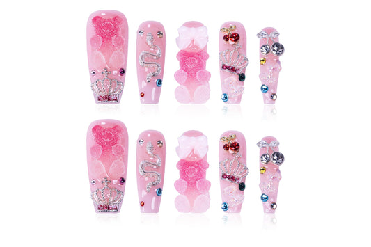 Atuhua 24Pcs handmade press-on nails with 3D pink crystals for a salon-like finish