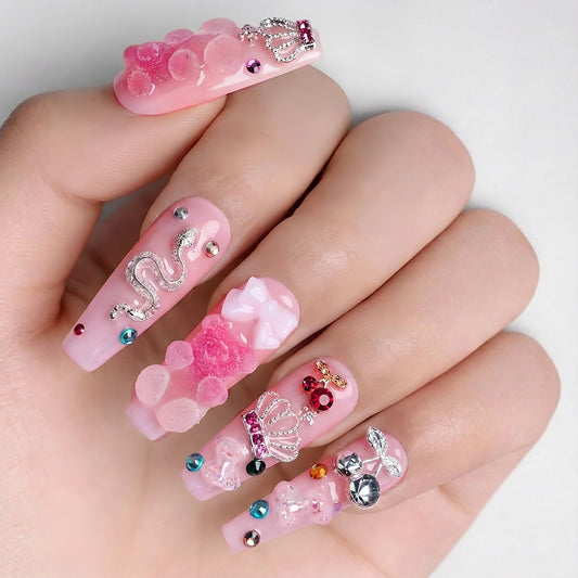 Atuhua 3D pink crystal nails provide dazzling daily wear without polish