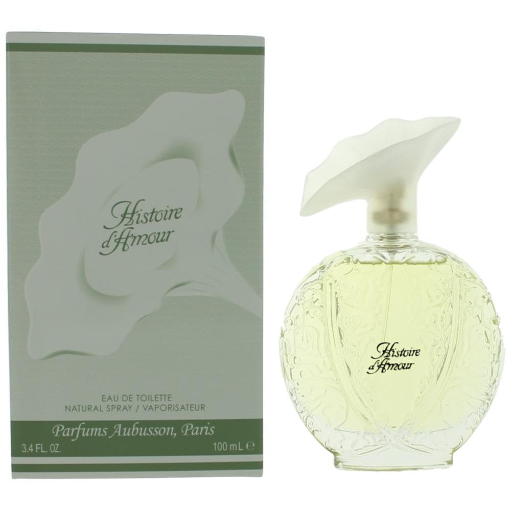 Aubusson Histoire D'Amour EDT bottle on vanity, elegant woody-chypre scent for women