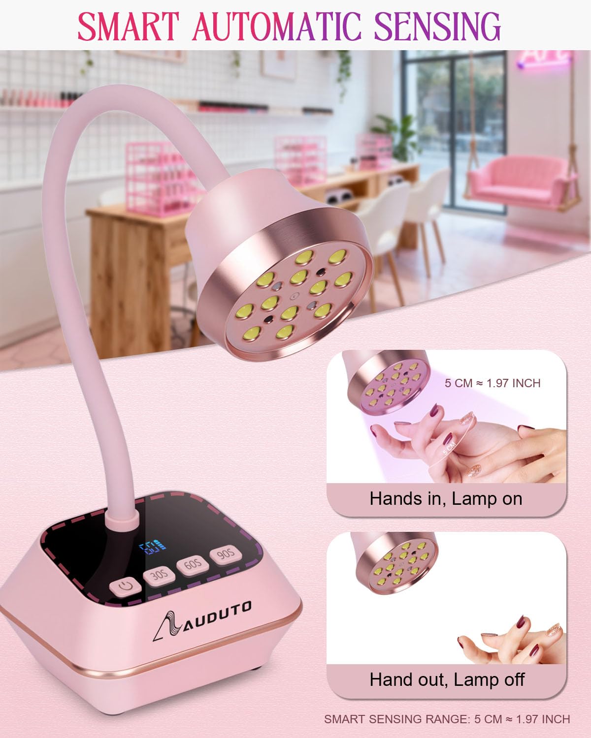 Auduto UV LED nail lamp 360-degree gooseneck for precise curing.
