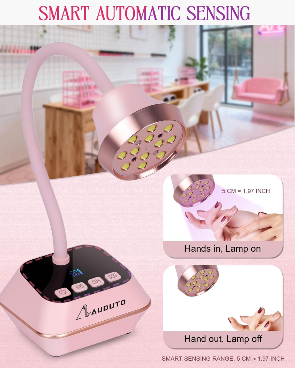 Auduto UV LED nail lamp 360-degree gooseneck for precise curing.