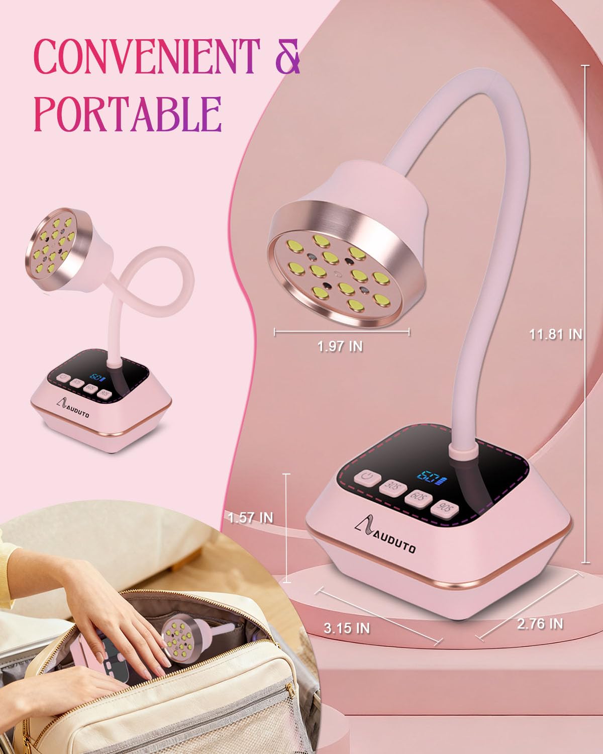 Auduto UV LED nail lamp cordless travel-friendly for on-site sessions.