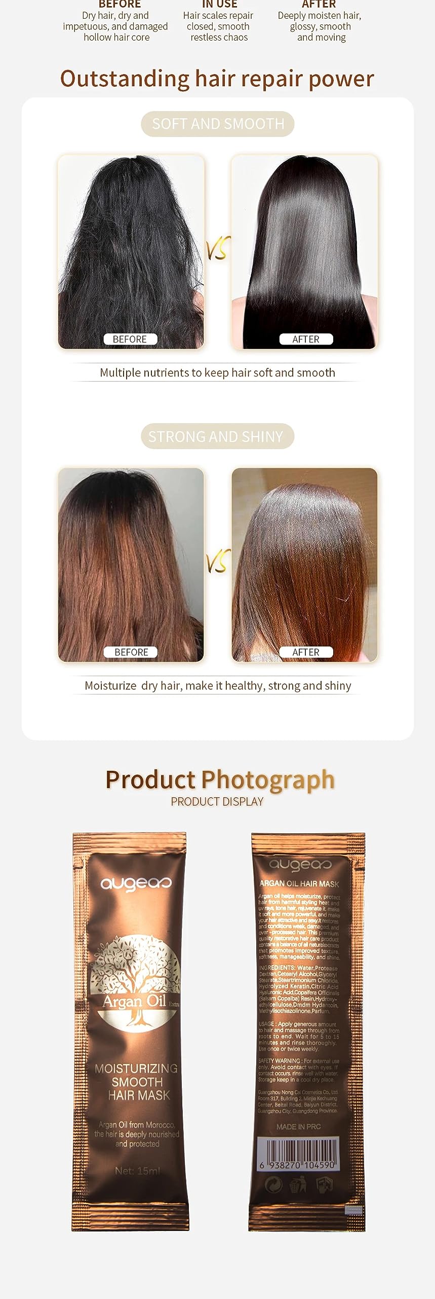 Augeas Argan Oil hair mask after-use smooth hair result close-up.