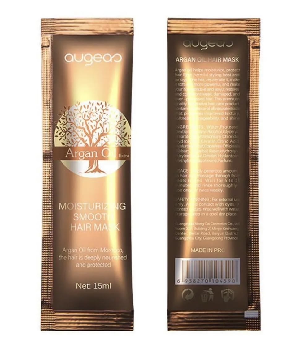 Augeas Argan Oil hair mask pack front view, travel-friendly moisture for color-treated hair.