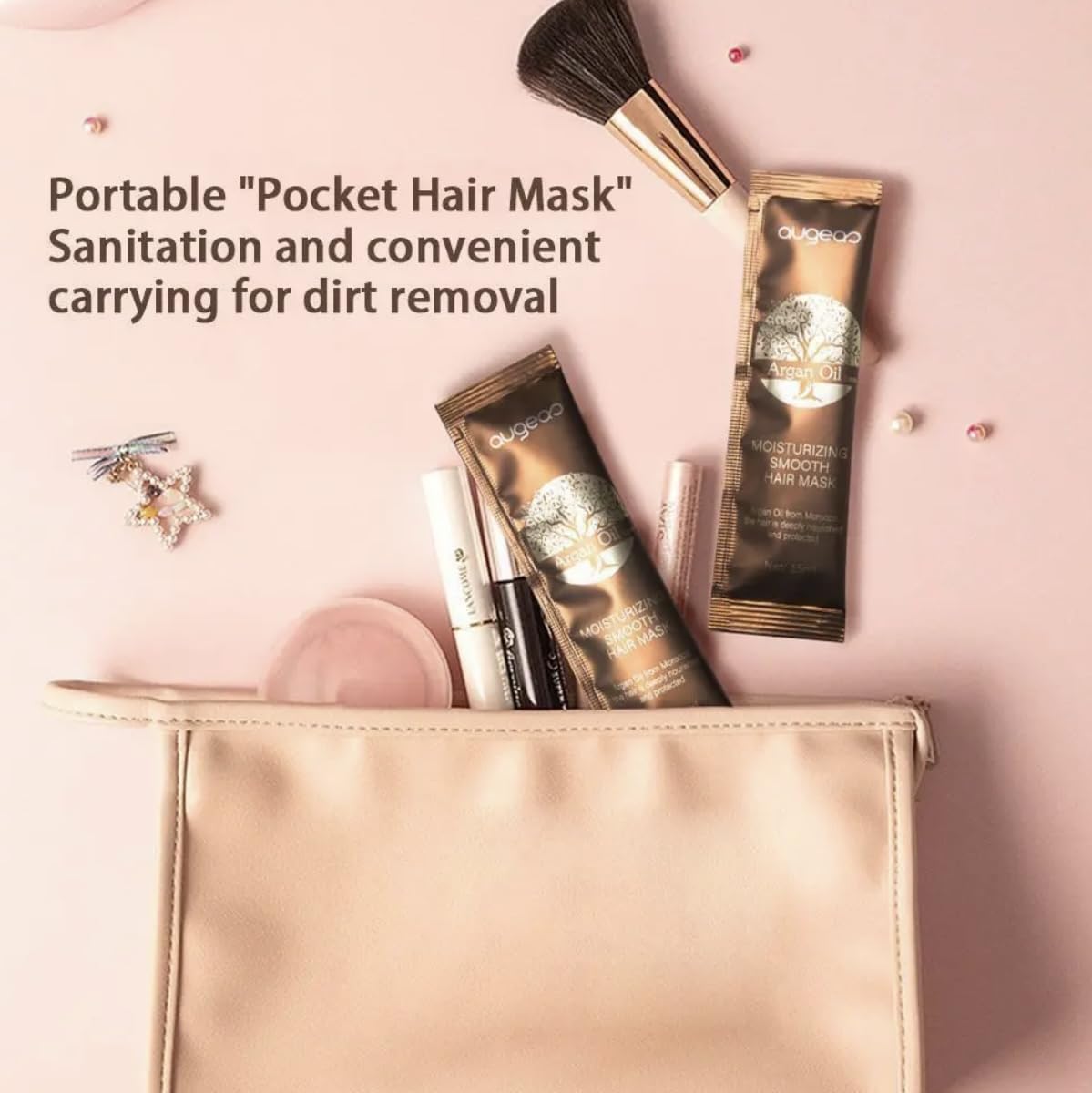 Augeas Argan Oil hair mask in travel kit, convenient 15ml single-use pack.
