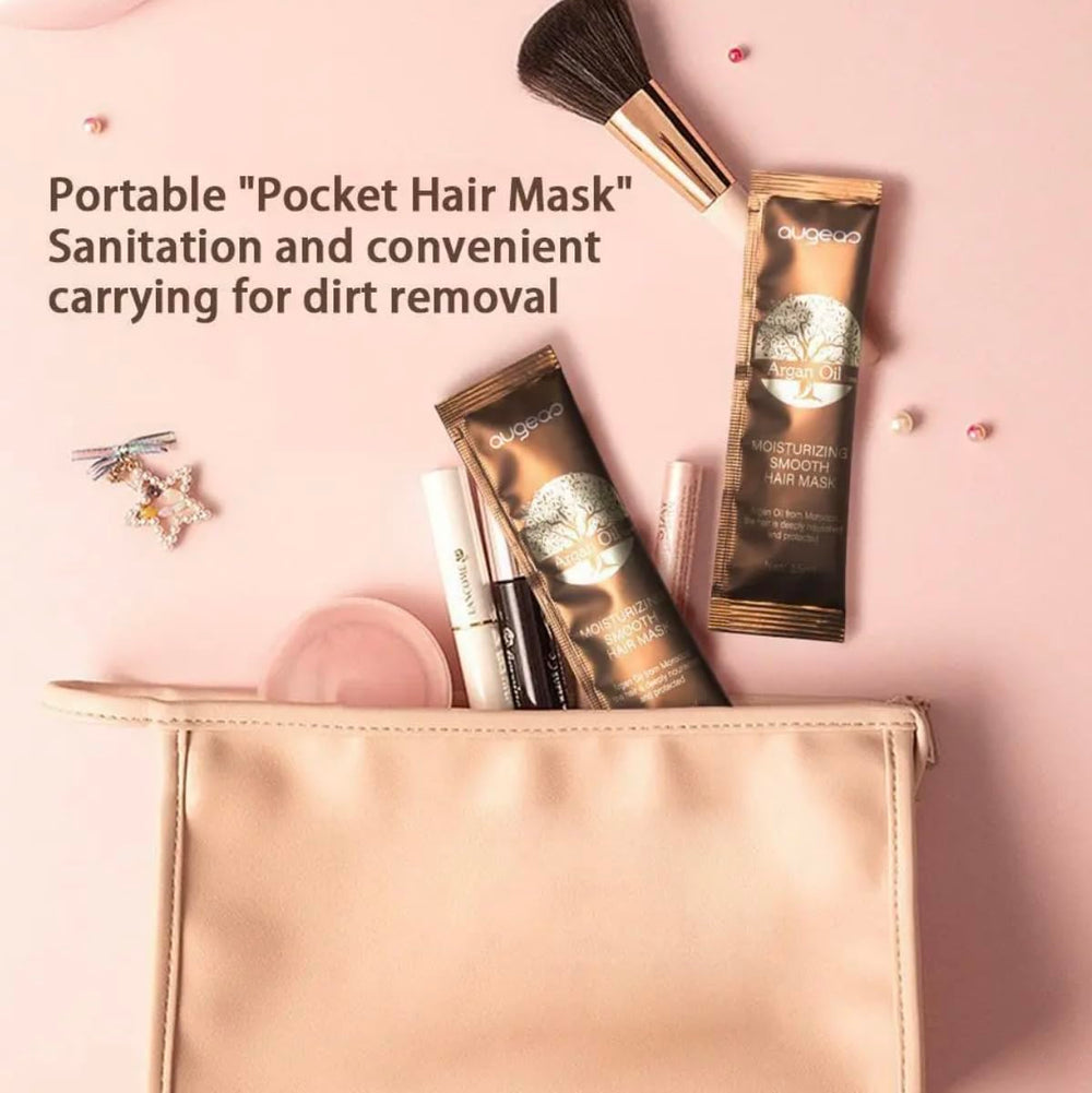 Augeas Argan Oil hair mask in travel kit, convenient 15ml single-use pack.