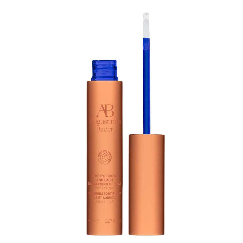 Close-up of brows and lashes using Augustinus Bader serum for lightweight, non-sticky nourishment.