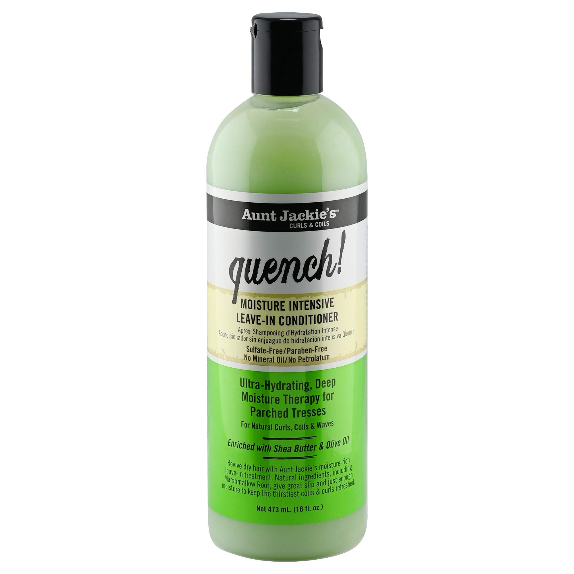 Aunt Jackie's Quench Leave-In bottle pour for smooth hydrated curls.