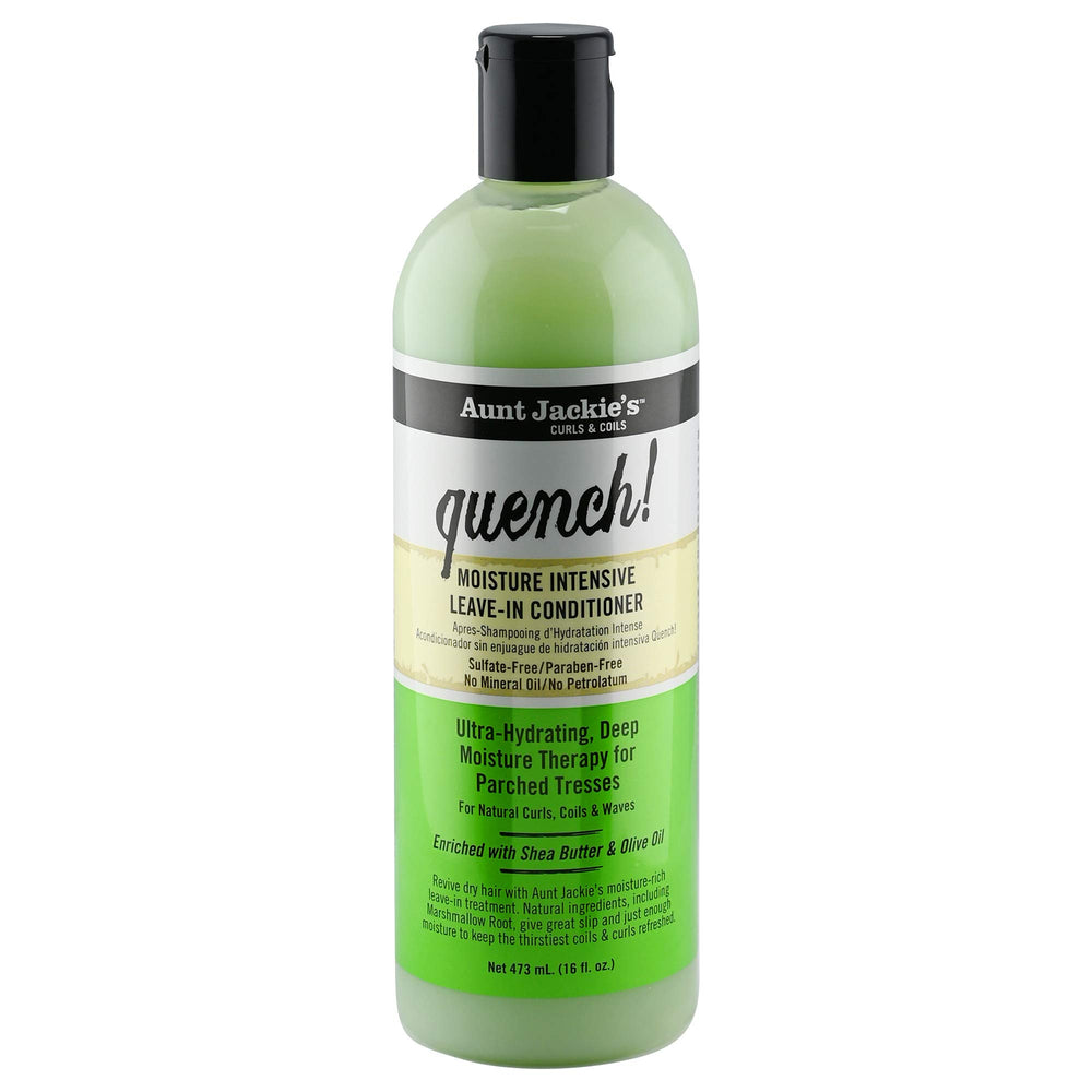 Aunt Jackie's Quench Leave-In bottle pour for smooth hydrated curls.