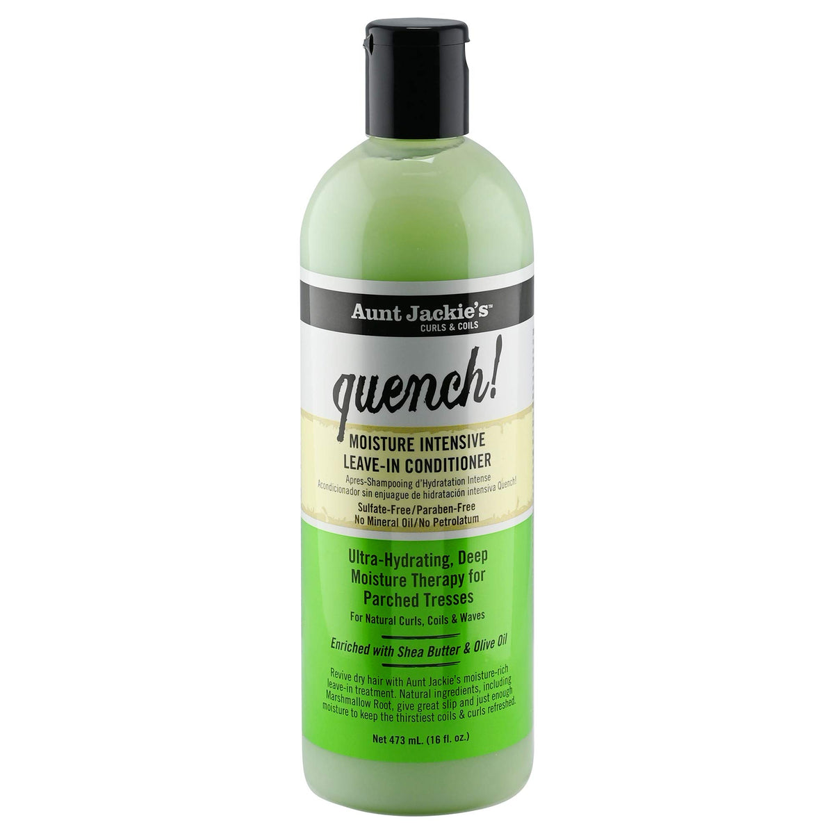 Aunt Jackie's Quench Leave-In bottle pour for smooth hydrated curls.