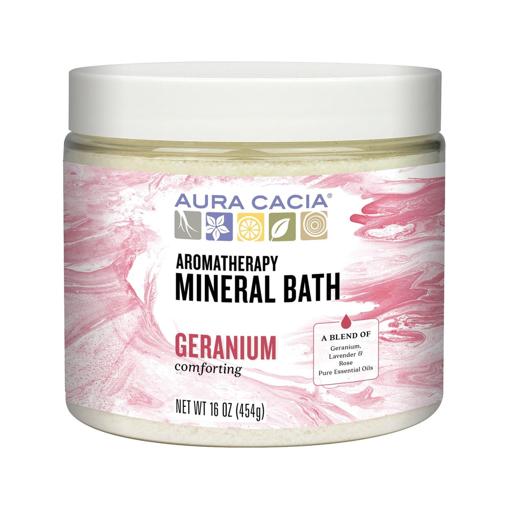 Aura Cacia mineral bath jar with geranium scent for a calming soak