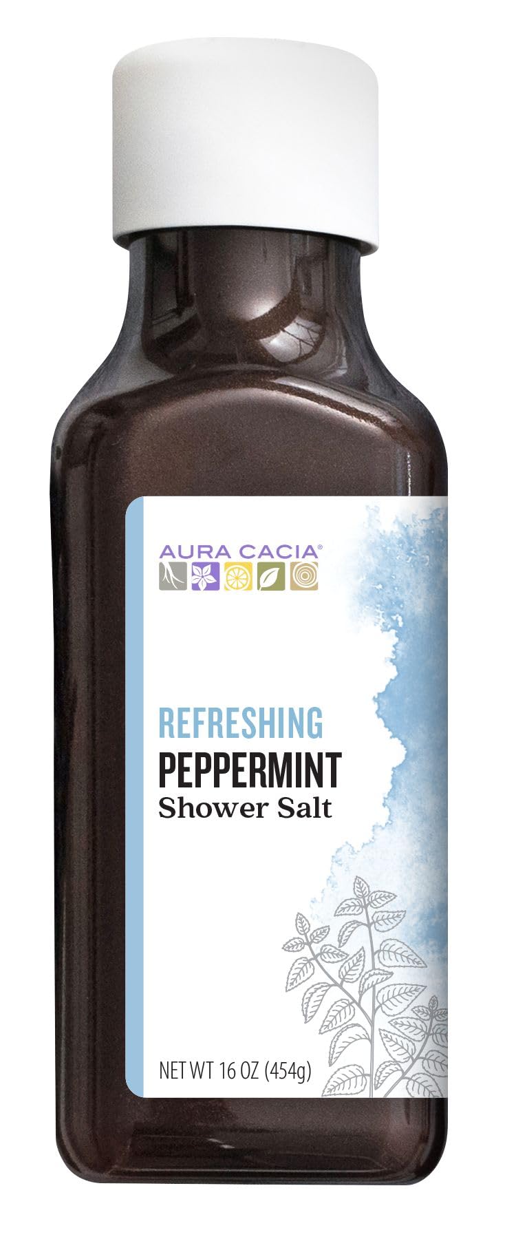 Aura Cacia Peppermint Shower Salts bottle-overcap creates refreshing steam for quick mood refresh