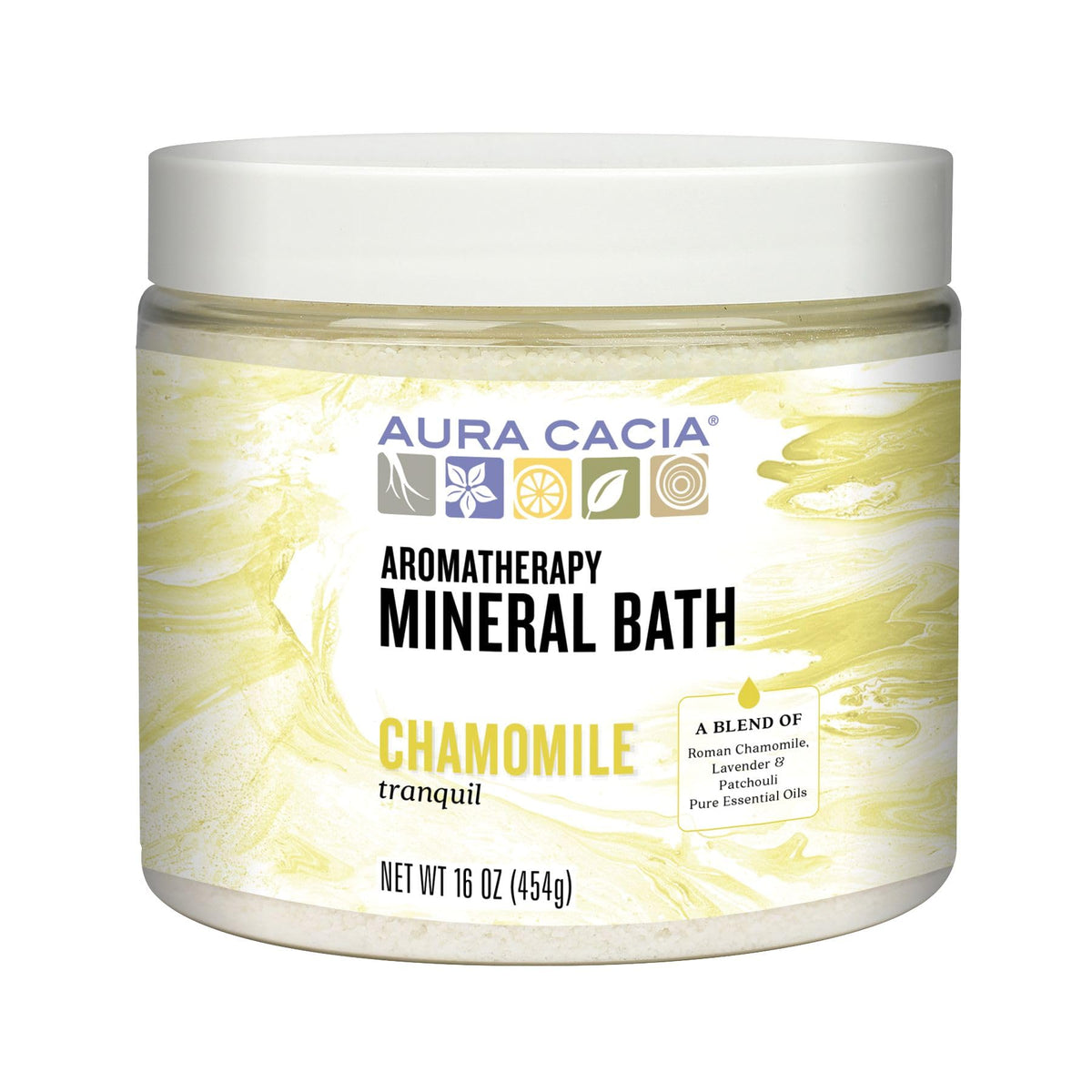 Aura Cacia Tranquil Chamomile mineral bath jar shows soothing salts for a calming soak.