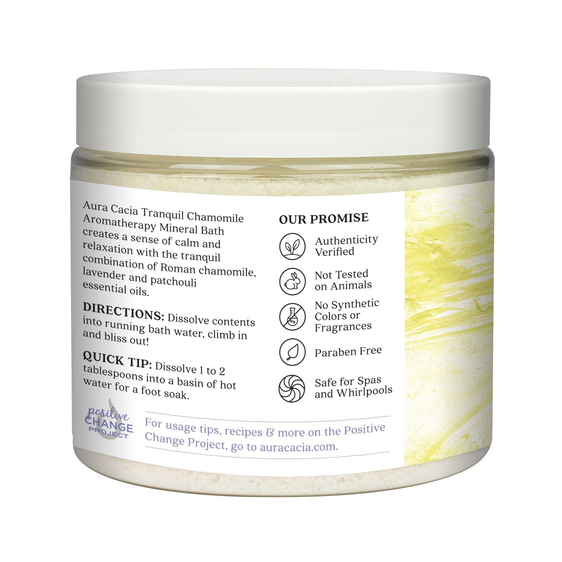 Aura Cacia Tranquil Chamomile mineral bath label highlights pure essential oils for a spa like retreat.