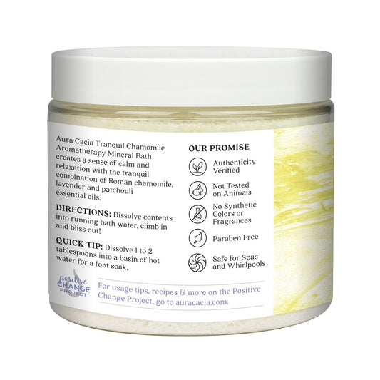 Aura Cacia Tranquil Chamomile Mineral Bath salts close-up highlights spa-like unwind.