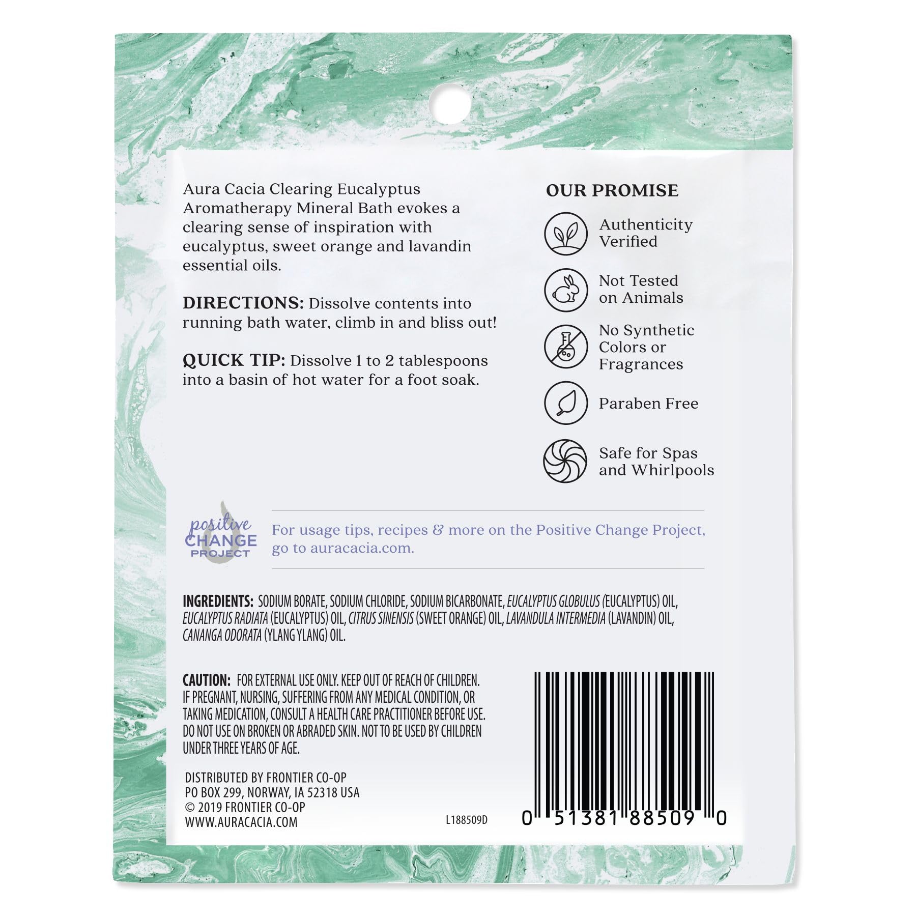 Six-pack case display of Aura Cacia Clearing Eucalyptus bath salt in packets for convenient baths.