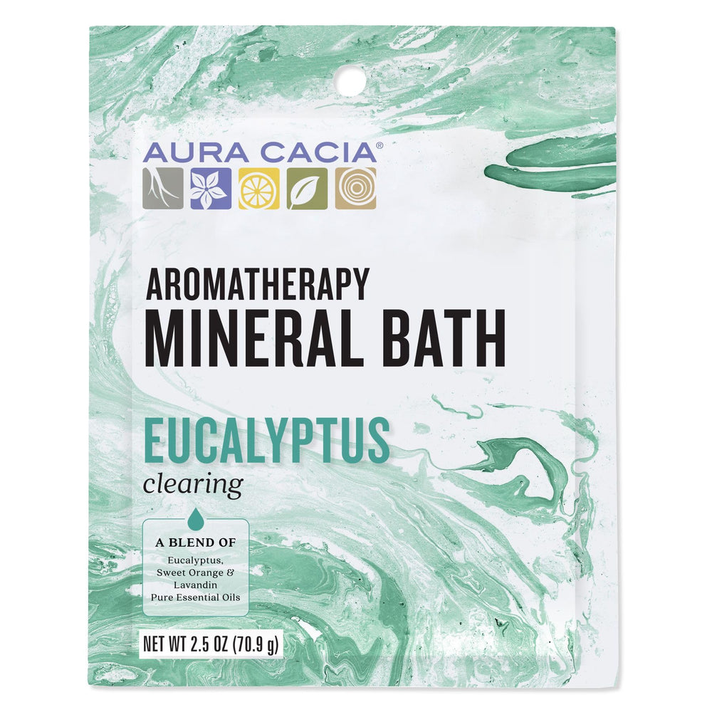 Aura Cacia Clearing Eucalyptus bath salt packet offers refreshing aromatherapy for a calming soak.