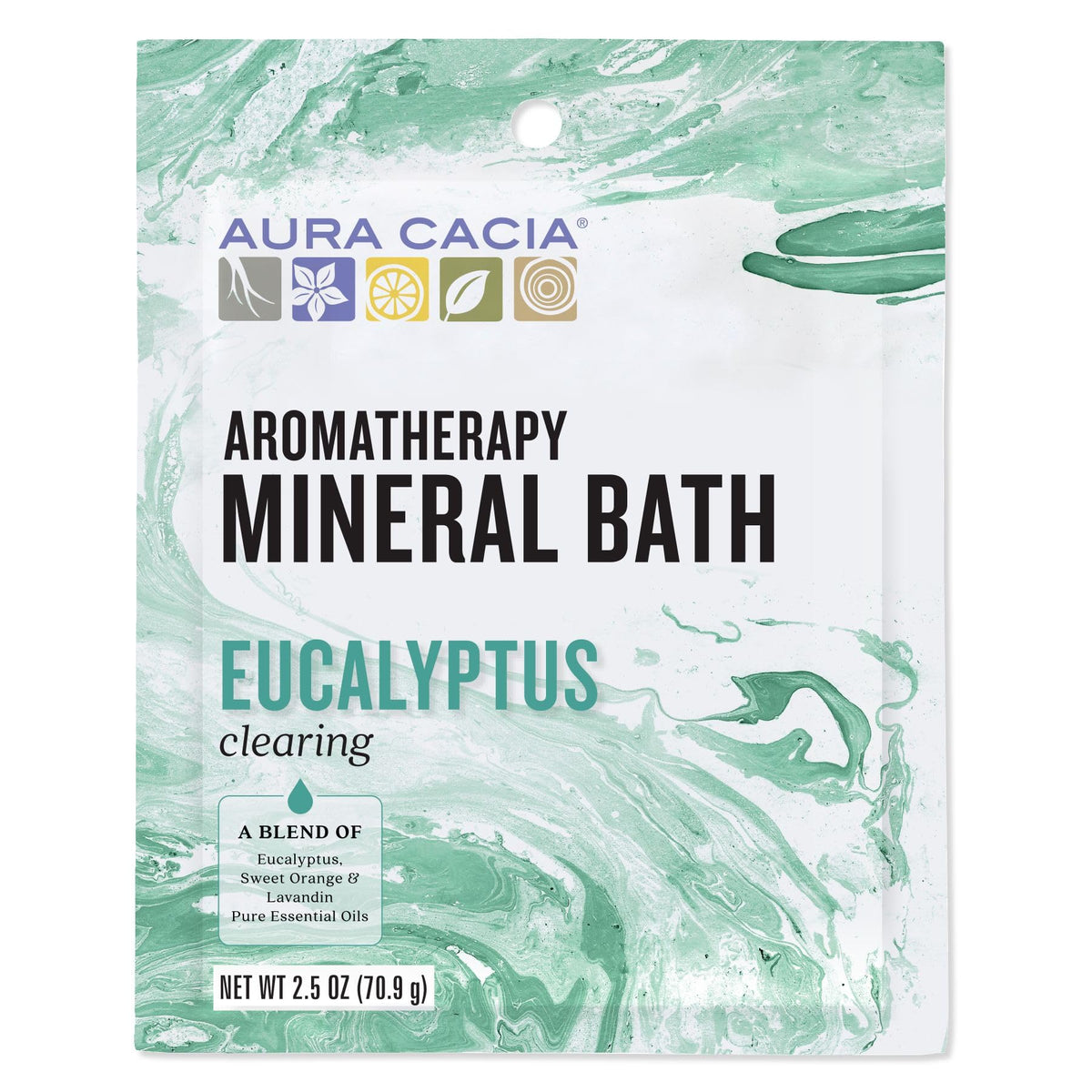 Aura Cacia Clearing Eucalyptus bath salt packet offers refreshing aromatherapy for a calming soak.