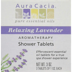 Aura Cacia Relaxing Lavender shower tablets in the shower releasing calming lavender fragrance for relaxation.