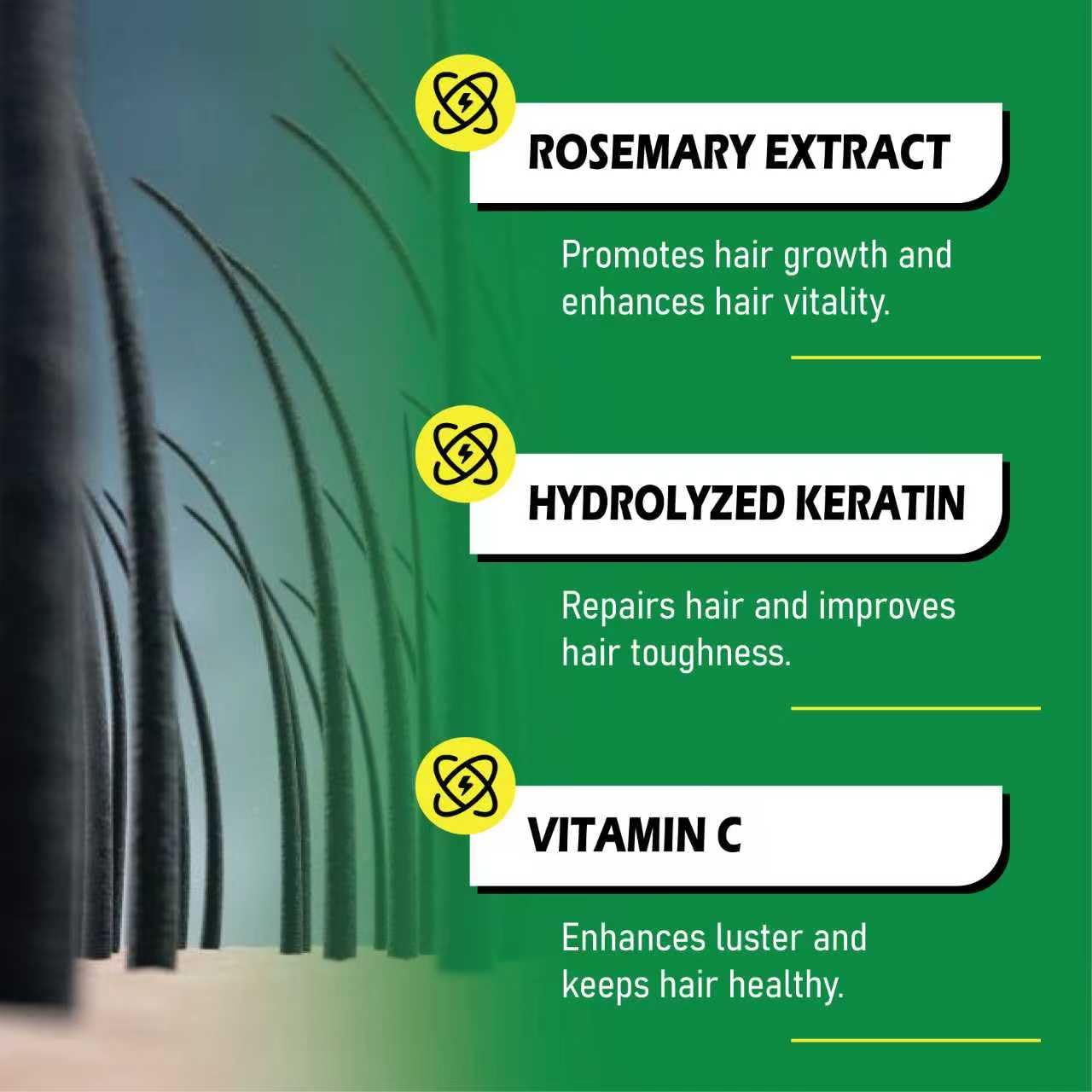 Shiny hair strands after using Kerarose Rosemary Shampoo.