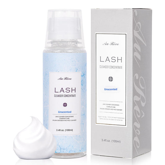 AuReve Lash Shampoo Concentrate bottle close-up showing oil-free cleansing for lash extensions