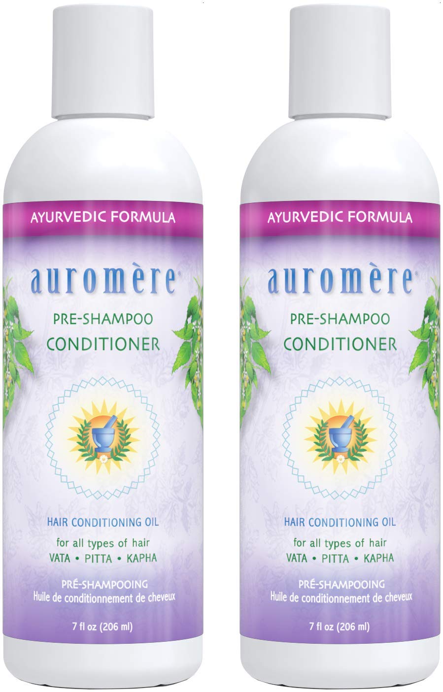 Auromere Ayurvedic pre-shampoo conditioner bottle ready for nourishing hair prep.