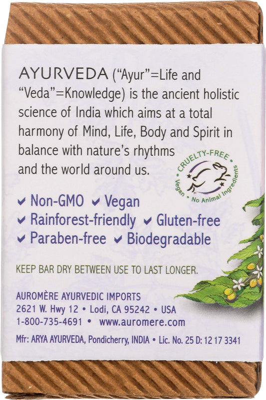 Auromere Lavender Neem bar closeup reveals creamy texture ideal for daily use.