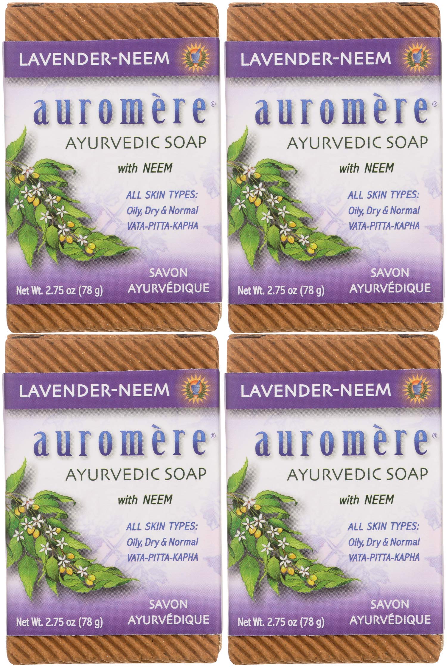 Auromere Lavender Neem bar front view shows natural ingredients and bar shape for cleansing.