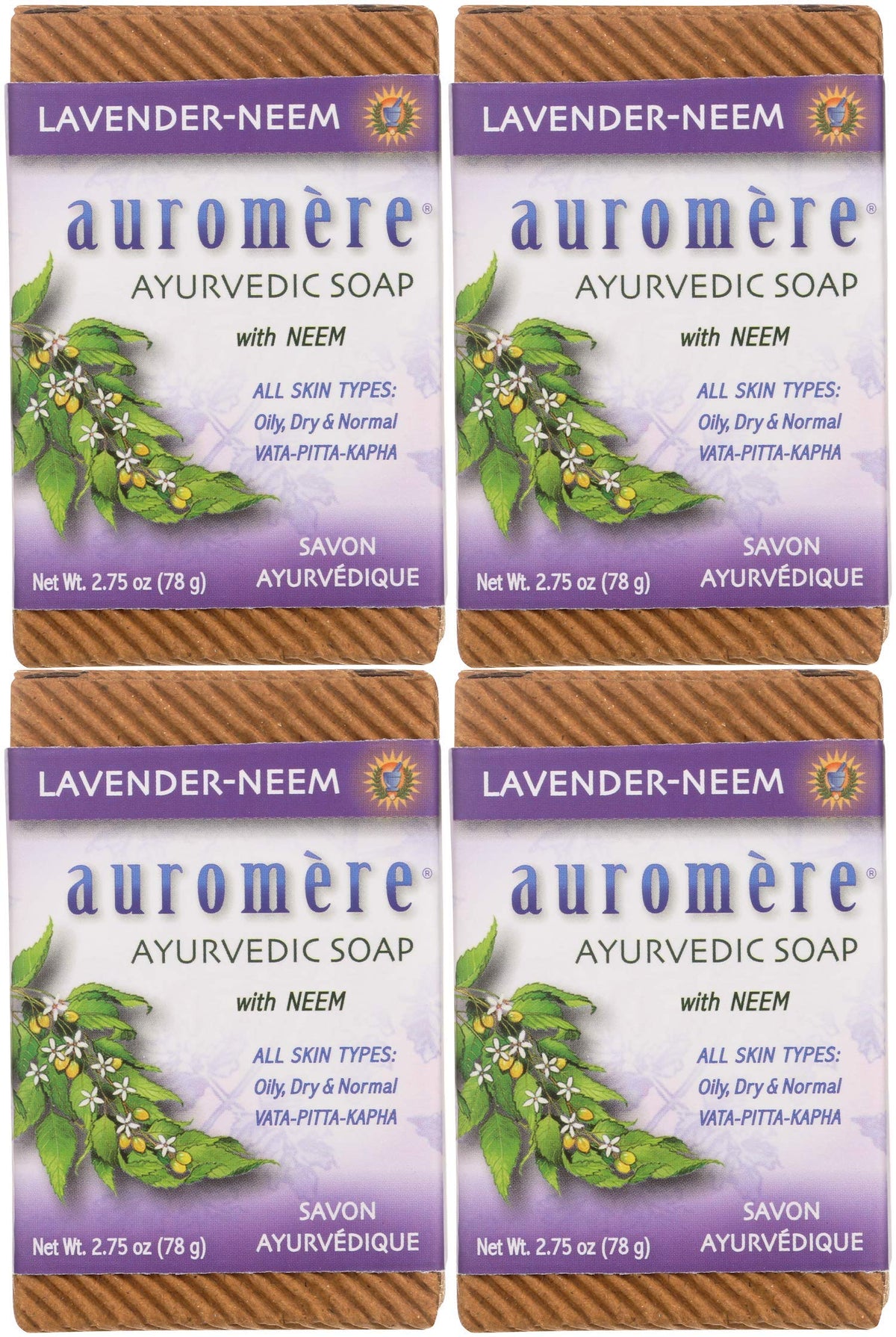 Auromere Lavender Neem bar front view shows natural ingredients and bar shape for cleansing.