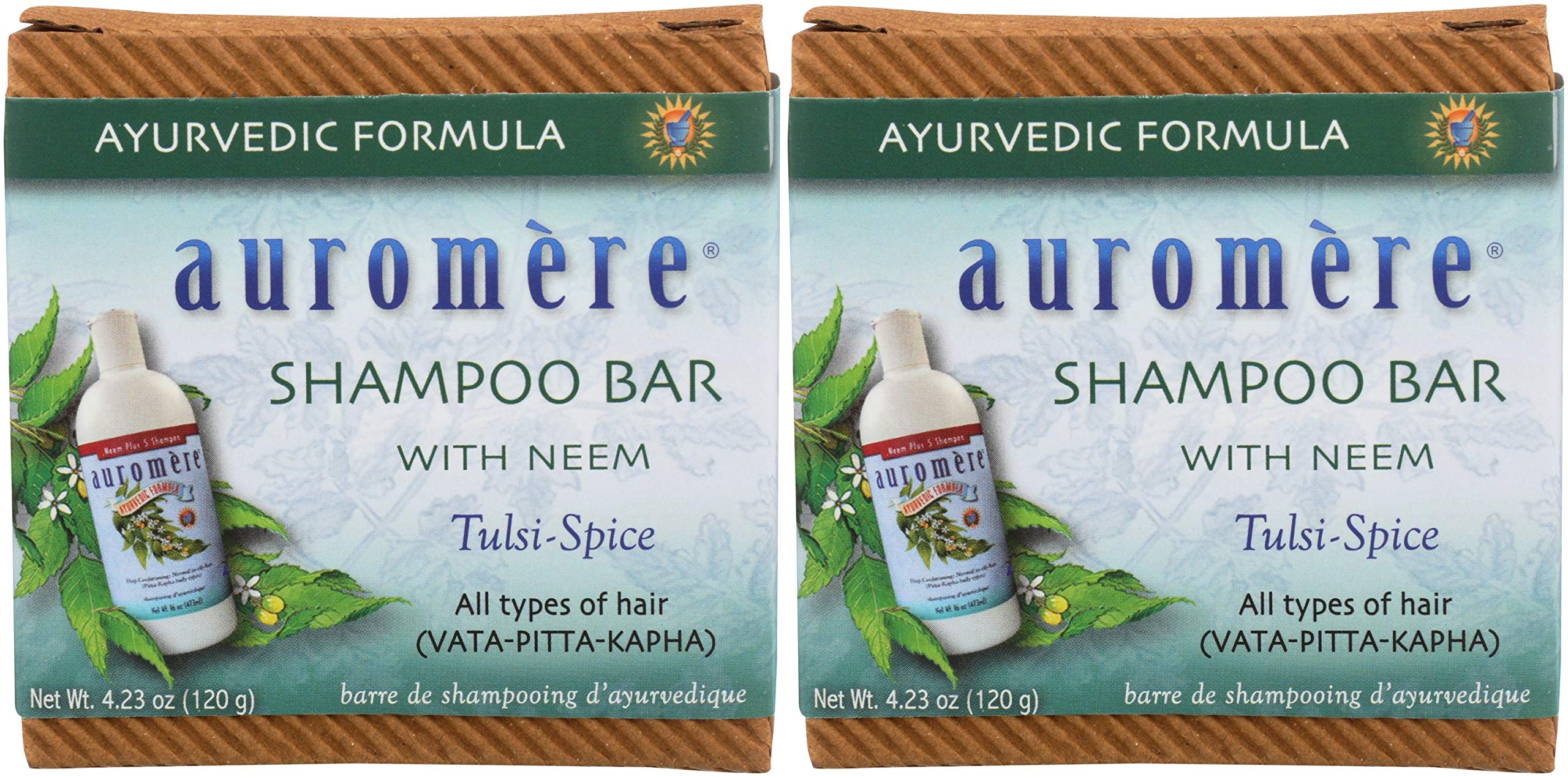 Auromere Shampoo Bar with neem leaves for natural Ayurvedic care for hair and skin.