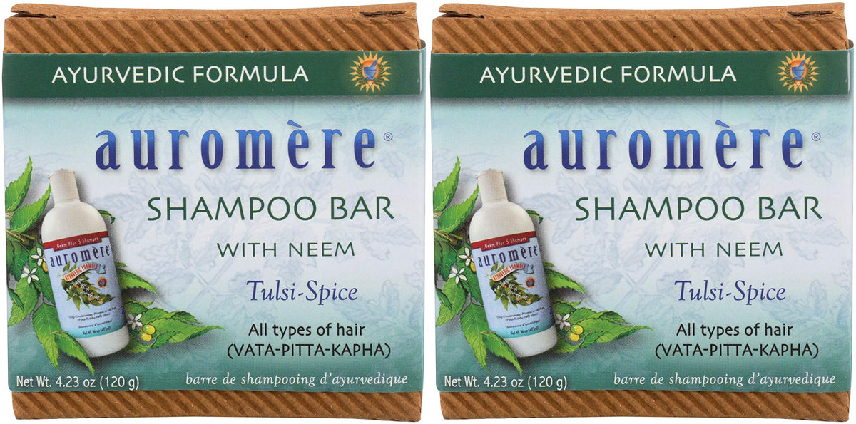 Auromere Shampoo Bar with neem leaves for natural Ayurvedic care for hair and skin.