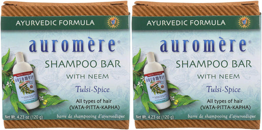 Auromere Shampoo Bar with neem leaves for natural Ayurvedic care for hair and skin.