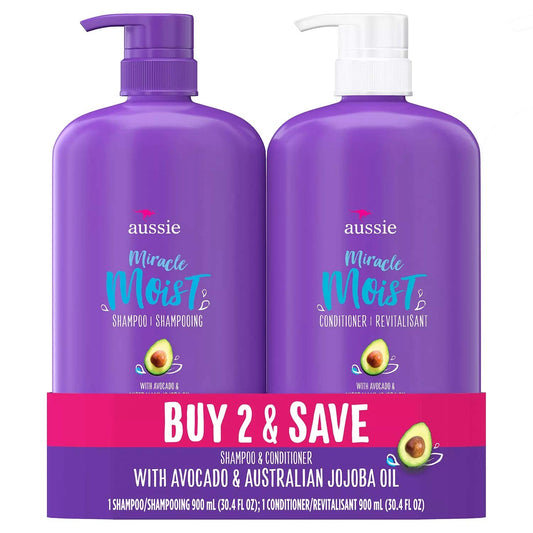 Aussie Miracle Moist shampoo bottle front highlights hydration-friendly formula.