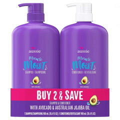Aussie Miracle Moist shampoo bottle front highlights hydration-friendly formula.