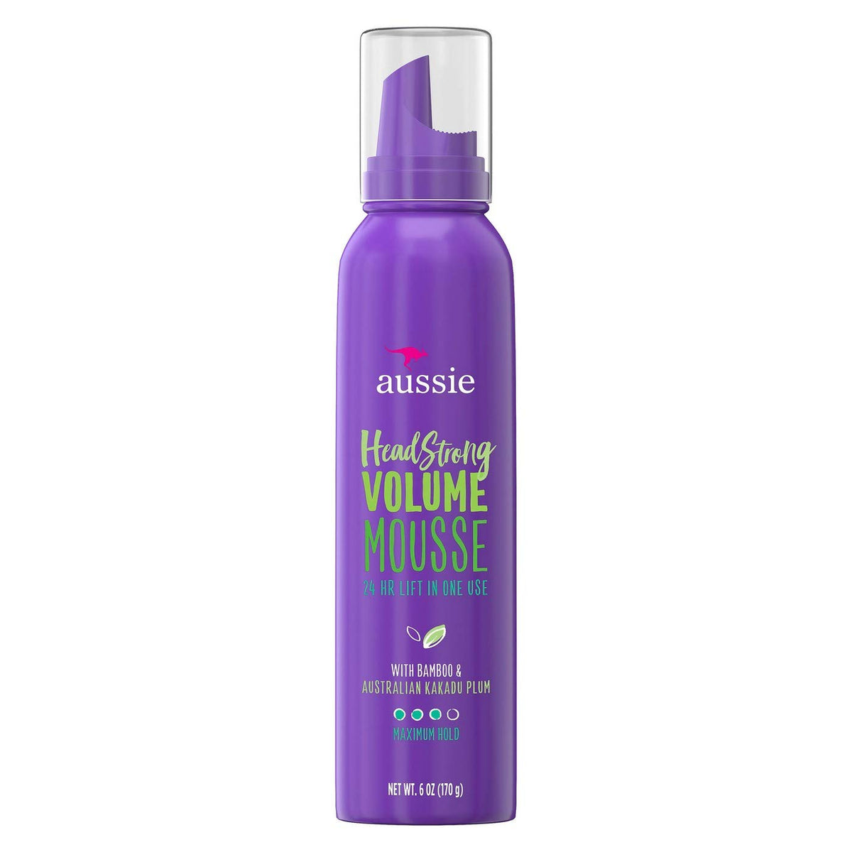 Aussie Mousse Volume Head Strong 6 oz bottle for lasting hold and volume.