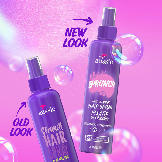 Aussie Sprunch spray-action shows quick, flexible hold for curls.