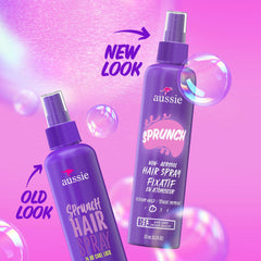 Aussie Sprunch spray-action shows quick, flexible hold for curls.