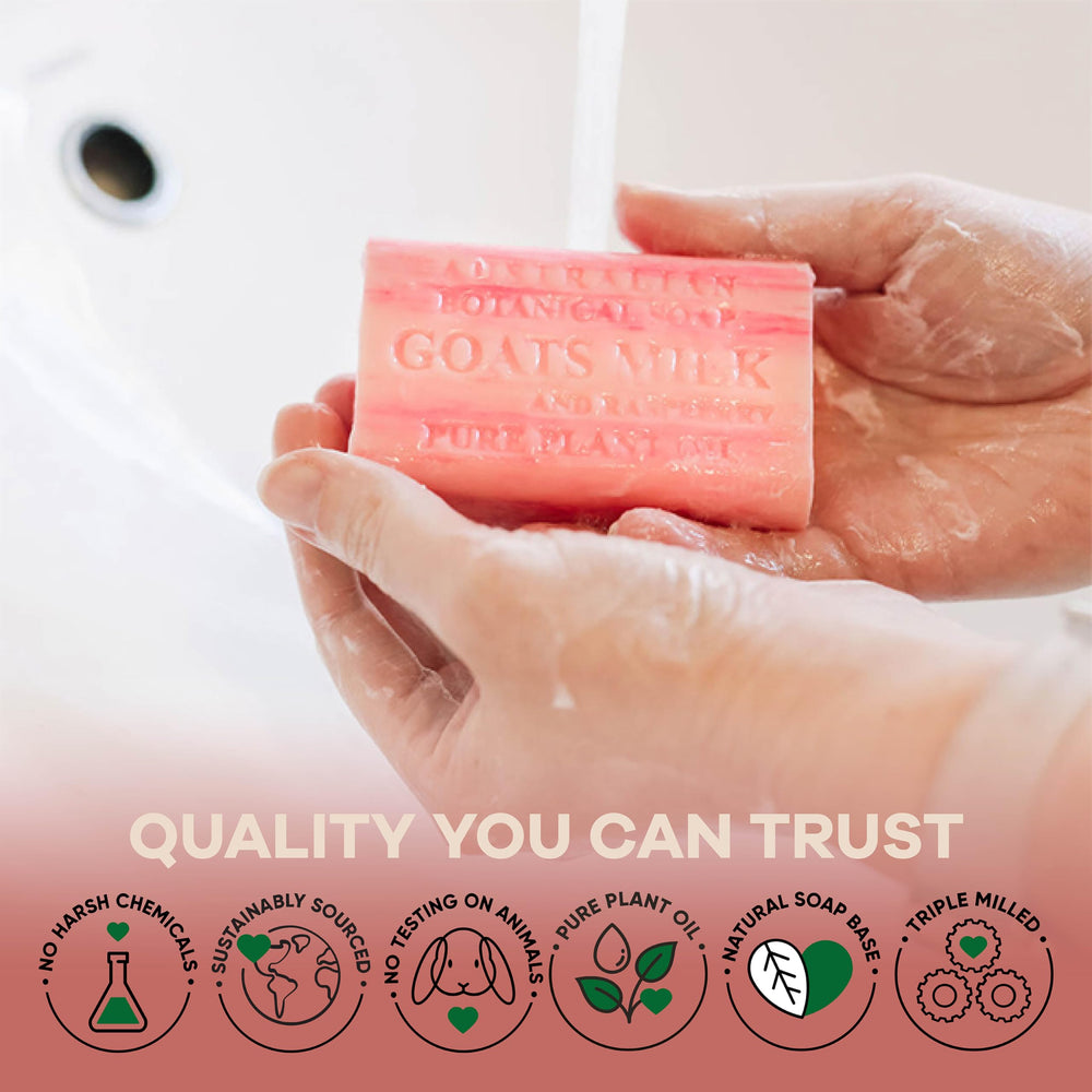 Australian Botanical Soap goats milk raspberry bar on bathroom counter with clean look
