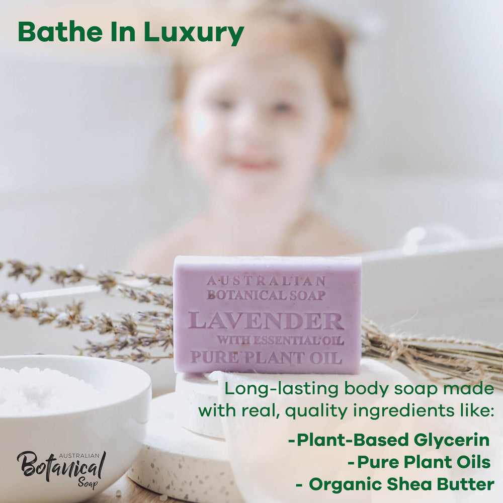 Australian Botanical Soap lavender bar closeup shows creamy lather and natural aroma.