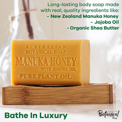 Australian Botanical Soap Manuka Honey bar close-up showing creamy, nourishing lather.