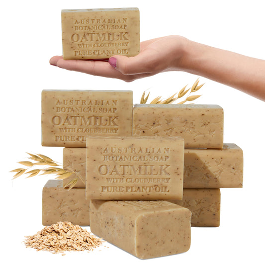 Australian Botanical Soap oat milk cloudberry bar closeup for gentle cleansing and natural nourishment.