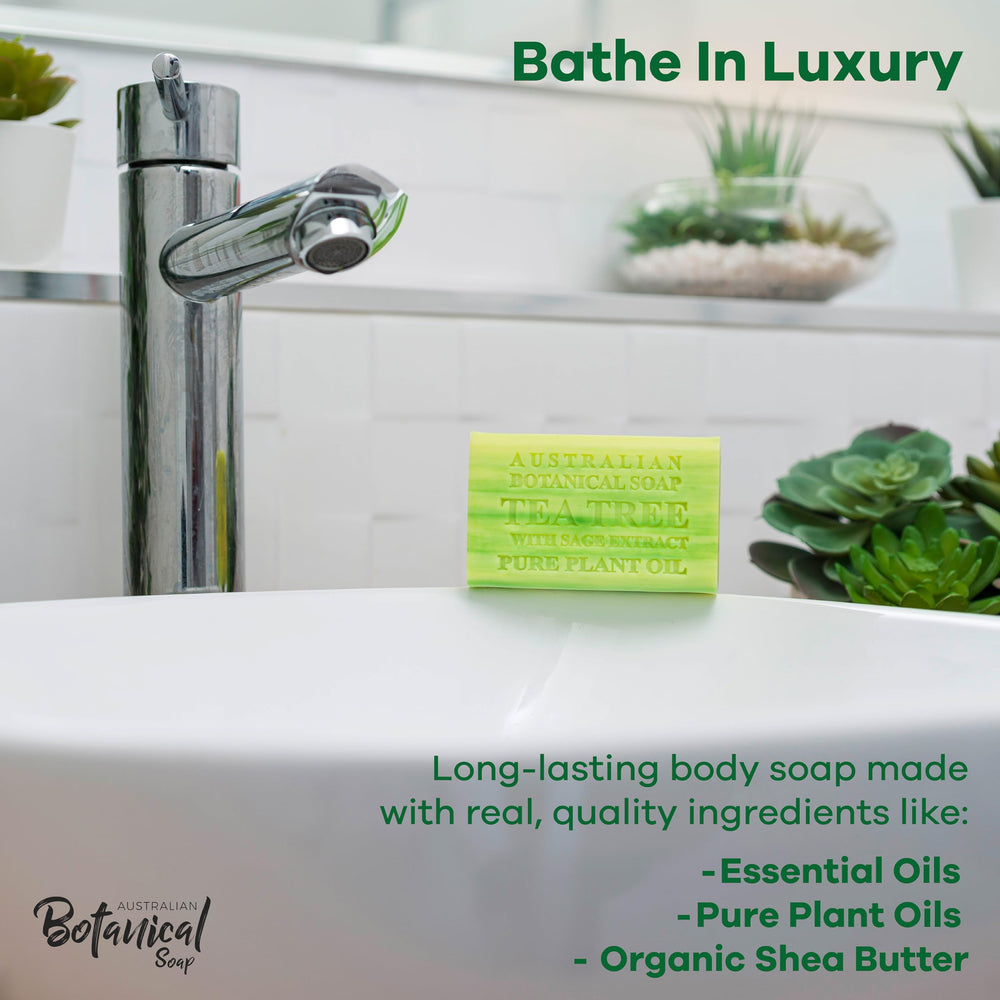Australian Botanical Soap Tea Tree with Sage Extract bar cross-section reveals creamy lather and glycerin-rich formula.