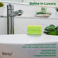Australian Botanical Soap Tea Tree with Sage Extract bar cross-section reveals creamy lather and glycerin-rich formula.