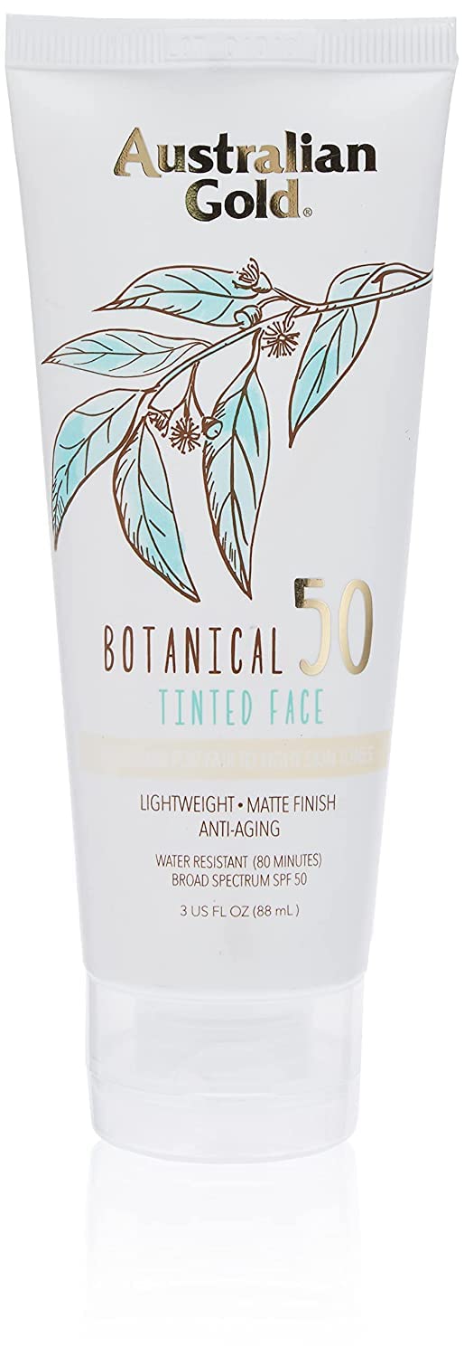 Australian Gold Botanical SPF 50 tinted face lotion bottle with mineral sunscreen protection.