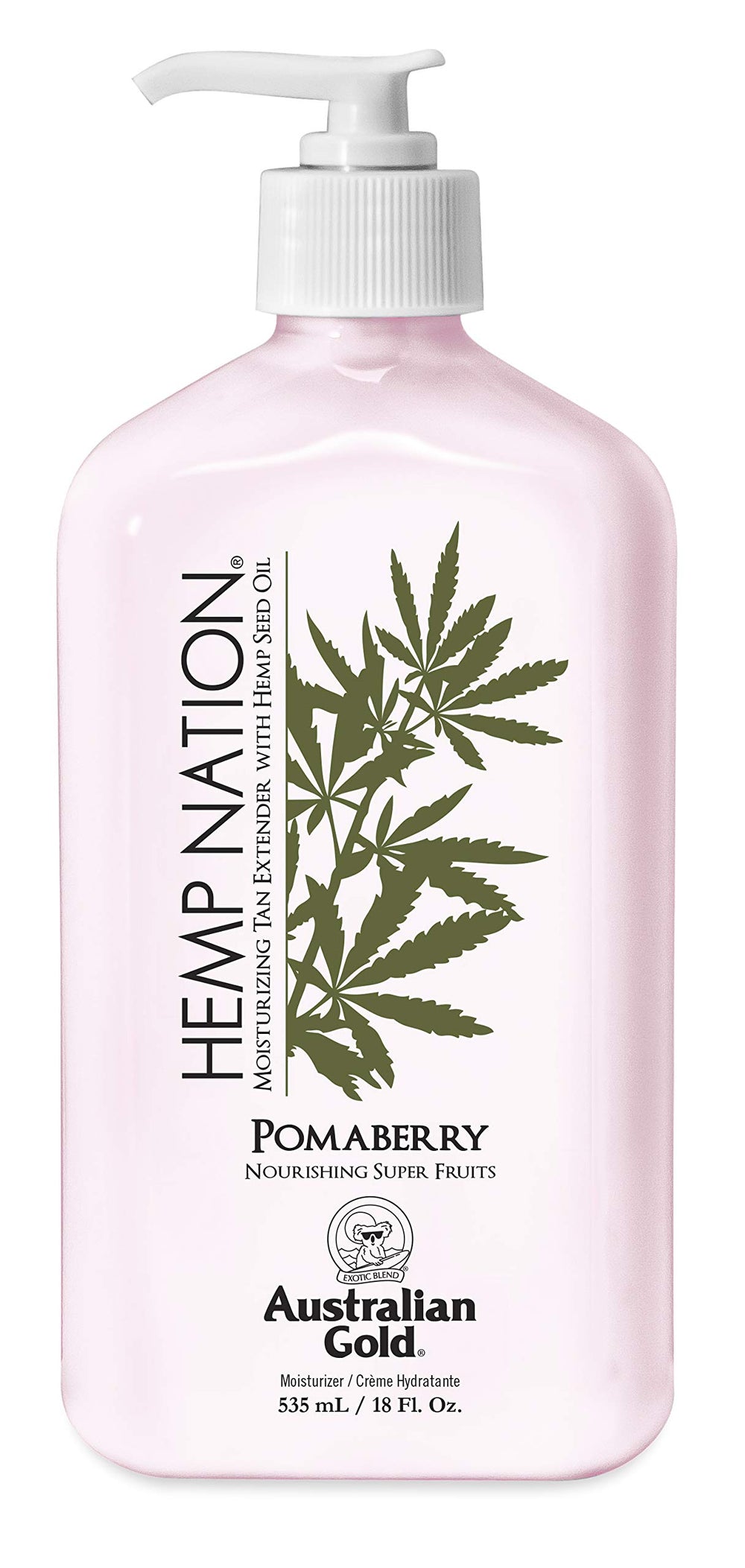Australian Gold Hemp Nation tan extender bottle with pomaberry fragrance for smooth, hydrated skin