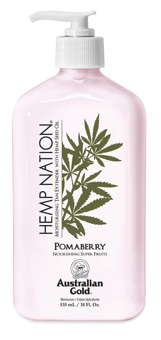 Australian Gold Hemp Nation tan extender bottle with pomaberry fragrance for smooth, hydrated skin