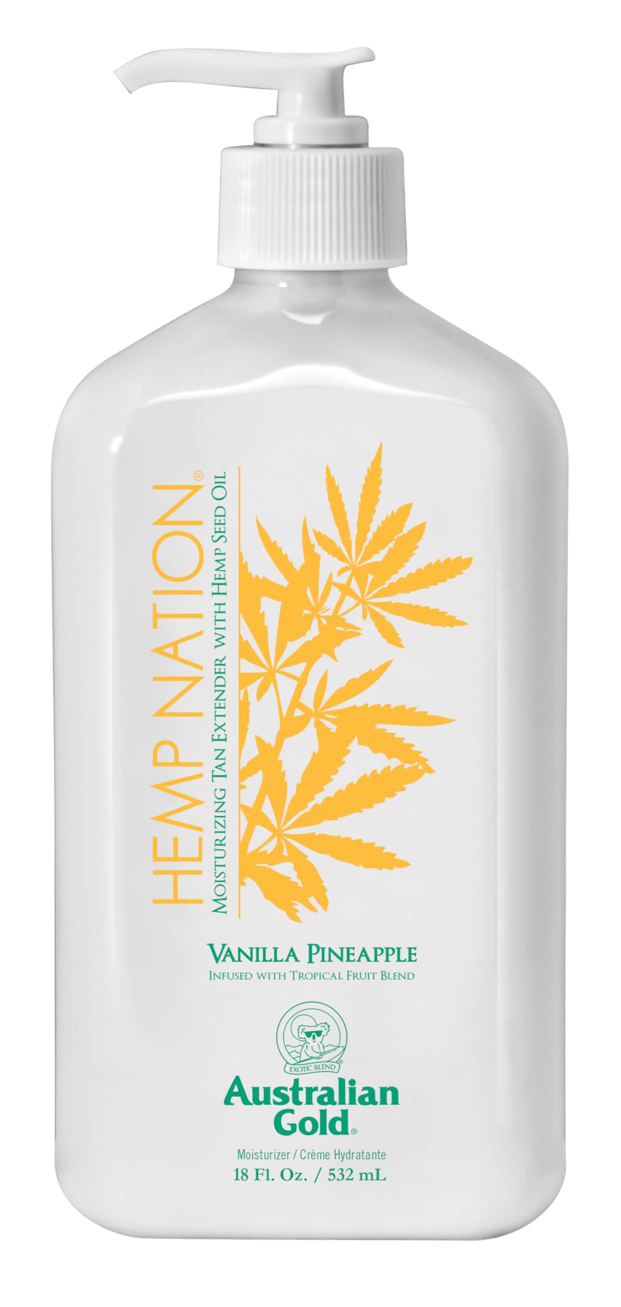 Australian Gold Hemp Nation Vanilla Pineapple Tan Extender Bottle shows tropical scent and daily hydration support