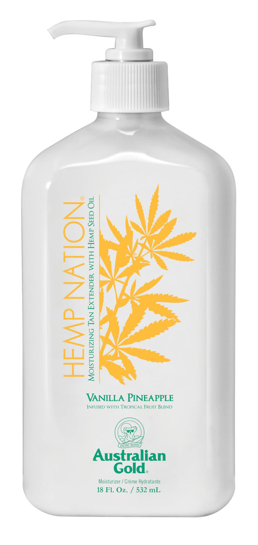 Australian Gold Hemp Nation Vanilla Pineapple Tan Extender Bottle shows tropical scent and daily hydration support