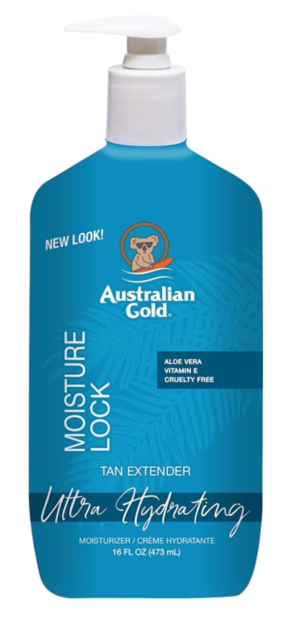 Australian Gold Moist Lock Tan Extender close-up of Aloe Vera and Panthenol ingredients.