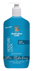 Australian Gold Moist Lock Tan Extender close-up of Aloe Vera and Panthenol ingredients.
